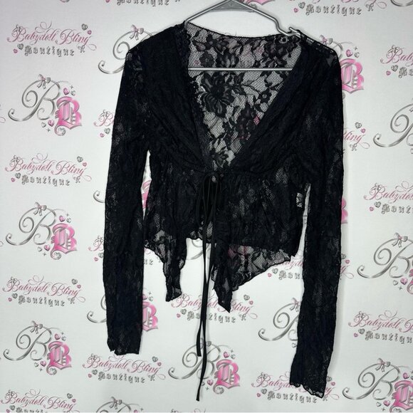 Cardigan lace top ribbon tie up black floral sexy stretchy - Picture 5 of 5